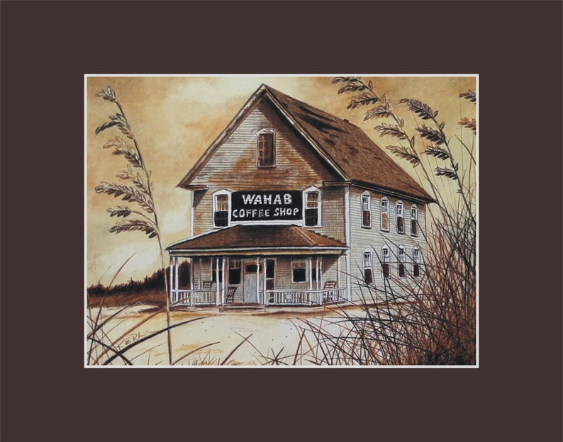 11x14 Wahab Coffee Shop Matted and signed Print 1940s rendering Ocracoke North Carolina image 1