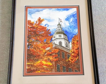 The Annapolis State House Original water color and pencil matted and framed artwork