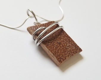 Brown British Stoneware Pottery Necklace handmade with sterling Chain and silver aluminum bale