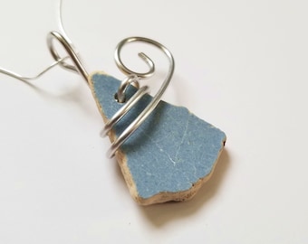 Pale blue Pottery Necklace handmade with sterling Chain and silver aluminum bale