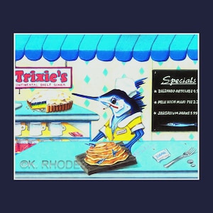 May include: A cartoon illustration of a marlin wearing a chef's hat and apron, standing behind a counter in a diner called "Trixie's Continental Shelf Diner". The marlin is holding a plate of pancakes with a side of syrup and a fork. The menu board lists "Ballyhoo Hotcakes", "Mile High Mahi Pie", and "Jargasium Jhake".