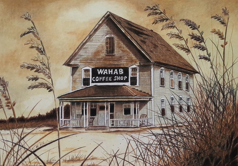 11x14 Wahab Coffee Shop Matted and signed Print 1940s rendering Ocracoke North Carolina image 2