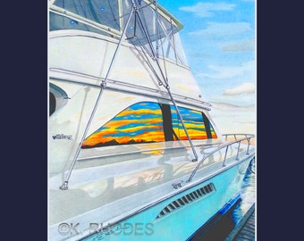 Viking Sportfisher at sunset Wrightsville Beach Marina Bluewater Yacht matted Fish print