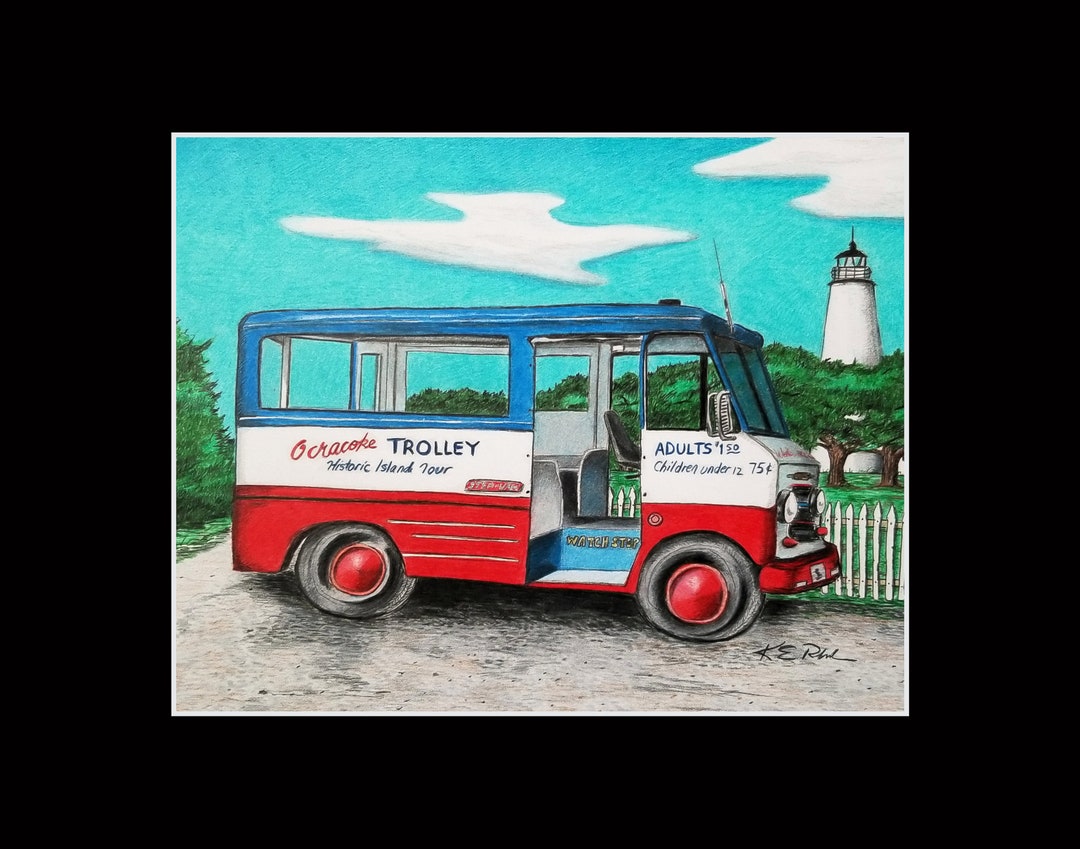 11x14 Ocracoke Trolley Matted and signed Print 1970s rendering Etsy