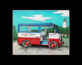 11x14 Ocracoke Trolley Matted and signed Print 1970s rendering Ocracoke North Carolina