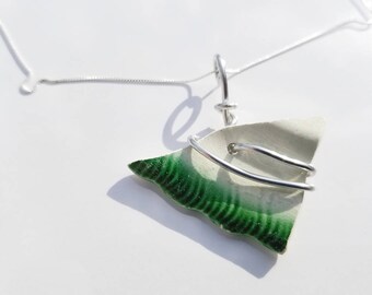 Green Pearlware Sea Pottery Necklace handmade with sterling Chain and silver aluminum bale