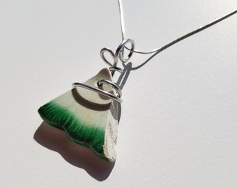 Green Pearlware Sea Pottery Necklace handmade with sterling Chain and silver aluminum bale