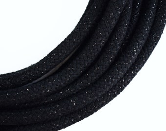 Black / gold braided cotton cord, 8mm / 0.31" black cotton cord, black finger crochet cord, 1m