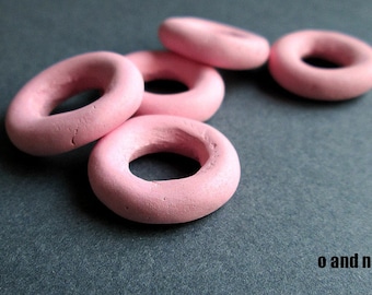 Donut greek ceramic beads, pink ring beads, set of 4