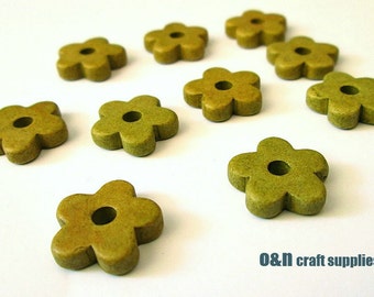 Flower greek ceramic beads, olive green beads - set of 10