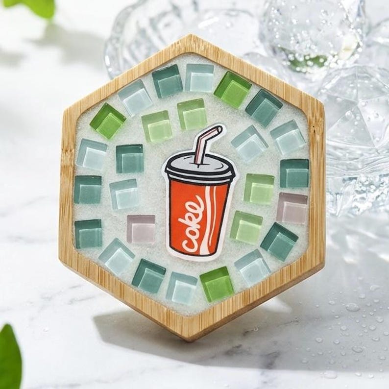 Pode incluir: Um porta-copos hexagonal de bambu com um mosaico de pequenos azulejos de vidro quadrados, verde-claros e transl&uacute;cidos, incrustados em argamassa branca. No centro, uma ilustra&ccedil;&atilde;o gr&aacute;fica de um copo vermelho com palhinha e o texto coke.