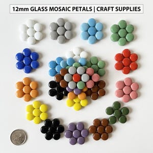 Può includere: Disposizione di petali di mosaico in vetro da 12 mm in vari colori, tra cui bianco, grigio, blu, verde, rosso, arancione, giallo, nero, viola e marrone. Il testo "12mm GLASS MOSAIC PETALS | CRAFT SUPPLIES" è in alto.