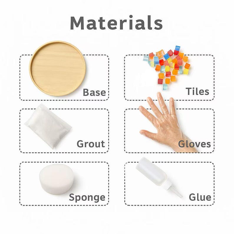 Pode incluir: Um kit de artesanato com a etiqueta Materials contendo uma base redonda de madeira, uma cole&ccedil;&atilde;o de azulejos de vidro multicoloridos, um pacote de argamassa branca, um par de luvas de pl&aacute;stico transparente, uma esponja redonda e cola.