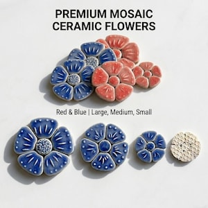 Könnte beinhalten: Keramik-Mosaikblumen in Rot und Blau. Das Bild zeigt mehrere Blumendesigns in verschiedenen Größen, darunter groß, mittel und klein. Der Text oben lautet "PREMIUM MOSAIC CERAMIC FLOWERS."