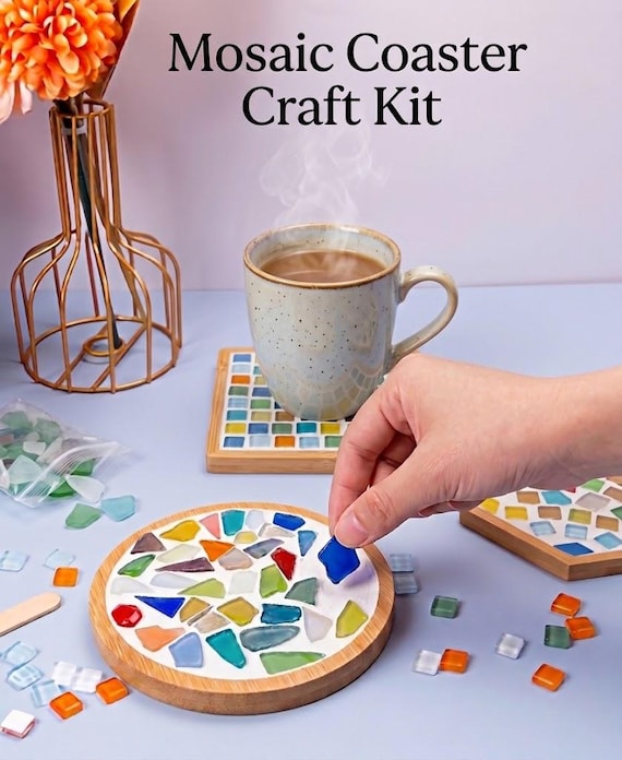 DIY Mosaic Coaster Craft Kit, Bamboo Base, Stained Glass Tiles, Fall Cozy Home Decor, Unique Christmas & Birthday Gift, Beginner Friendly