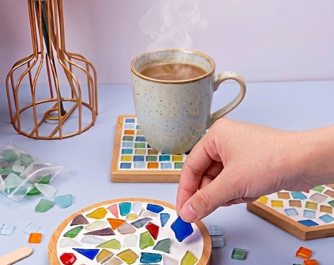 DIY Mosaic Coaster Craft Kit, Bamboo Base Beginner Craft Set, Stained Glass Tiles, Fall Cozy Home Decor, Unique Christmas & Birthday Gift