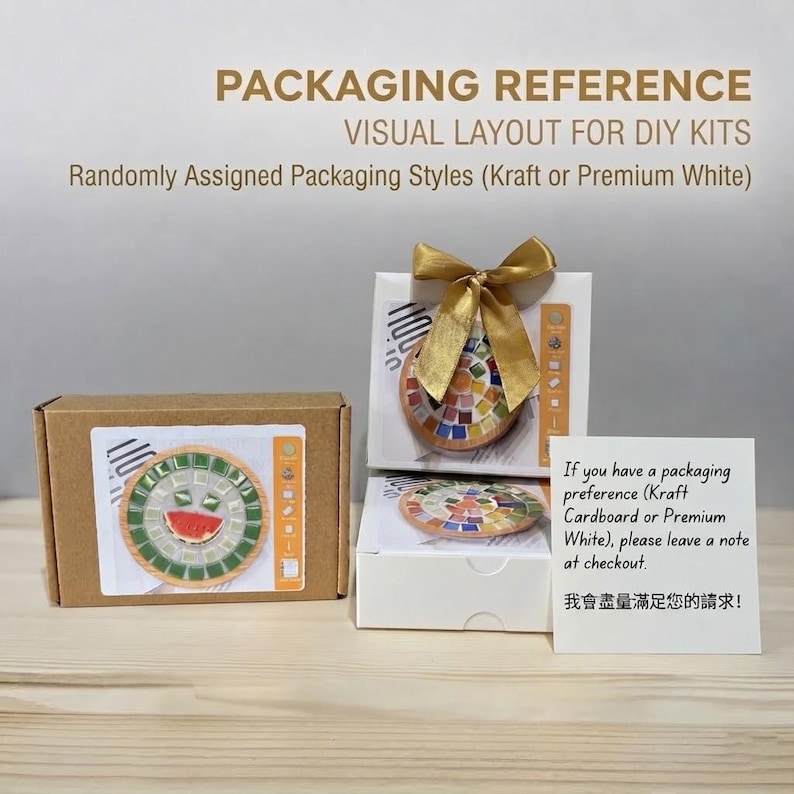 Pode incluir: Duas caixas de kit DIY, uma de papel&atilde;o kraft marrom e outra branca, com projetos de mosaico. A caixa branca &eacute; decorada com um la&ccedil;o dourado. Um cart&atilde;o branco inclui texto sobre prefer&ecirc;ncias de embalagem em ingl&ecirc;s e caracteres chineses.