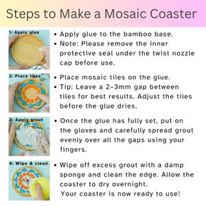 Pode incluir: Um gr&aacute;fico instrutivo intitulado Steps to Make a Mosaic Coaster, mostrando quatro passos: aplicar cola numa base de bambu, colocar pe&ccedil;as de mosaico com um espa&ccedil;o de 2-3mm, espalhar argamassa e limpar com uma esponja h&uacute;mida.