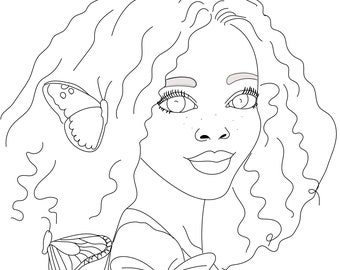 May include: Line drawing of a person with curly hair and butterflies. The butterflies are positioned in the hair and on the shoulder. The person has freckles and is smiling.