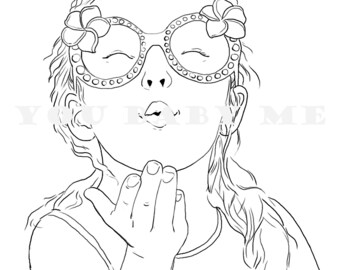 Girl blowing kisses coloring page, girl coloring page, Printable coloring sheet