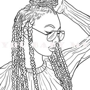 May include: Black and white line drawing of a woman with long braided hair, wearing a sweater and sunglasses. She has her hair pulled up in a bun.