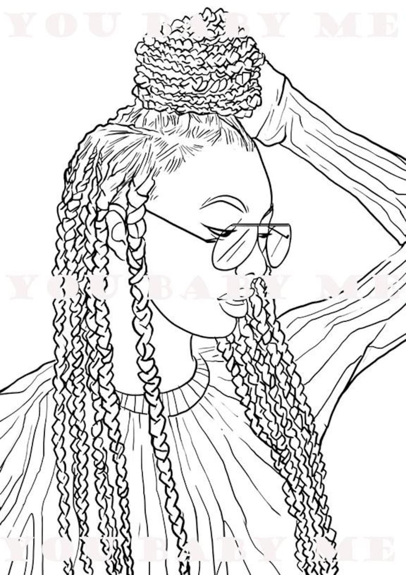 May include: Black and white line drawing of a woman with long braided hair, wearing a sweater and sunglasses. She has her hair pulled up in a bun.