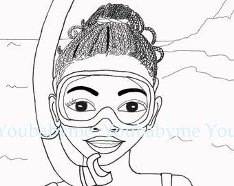 Black girls swim coloring page, black girl coloring page, girl coloring page, African American coloring sheet