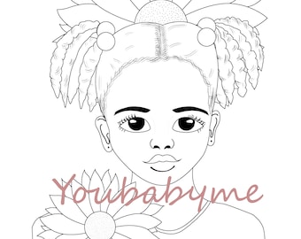 Sunflower girl coloring page, coloring sheet, black girl coloring sheet