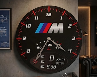 Reloj de pared con logo M, reloj de pared con velocímetro, reloj con tacómetro, reloj de pared de carreras, reloj personalizado para garaje, reloj para aficionados a los coches, decoración de pared con logo M