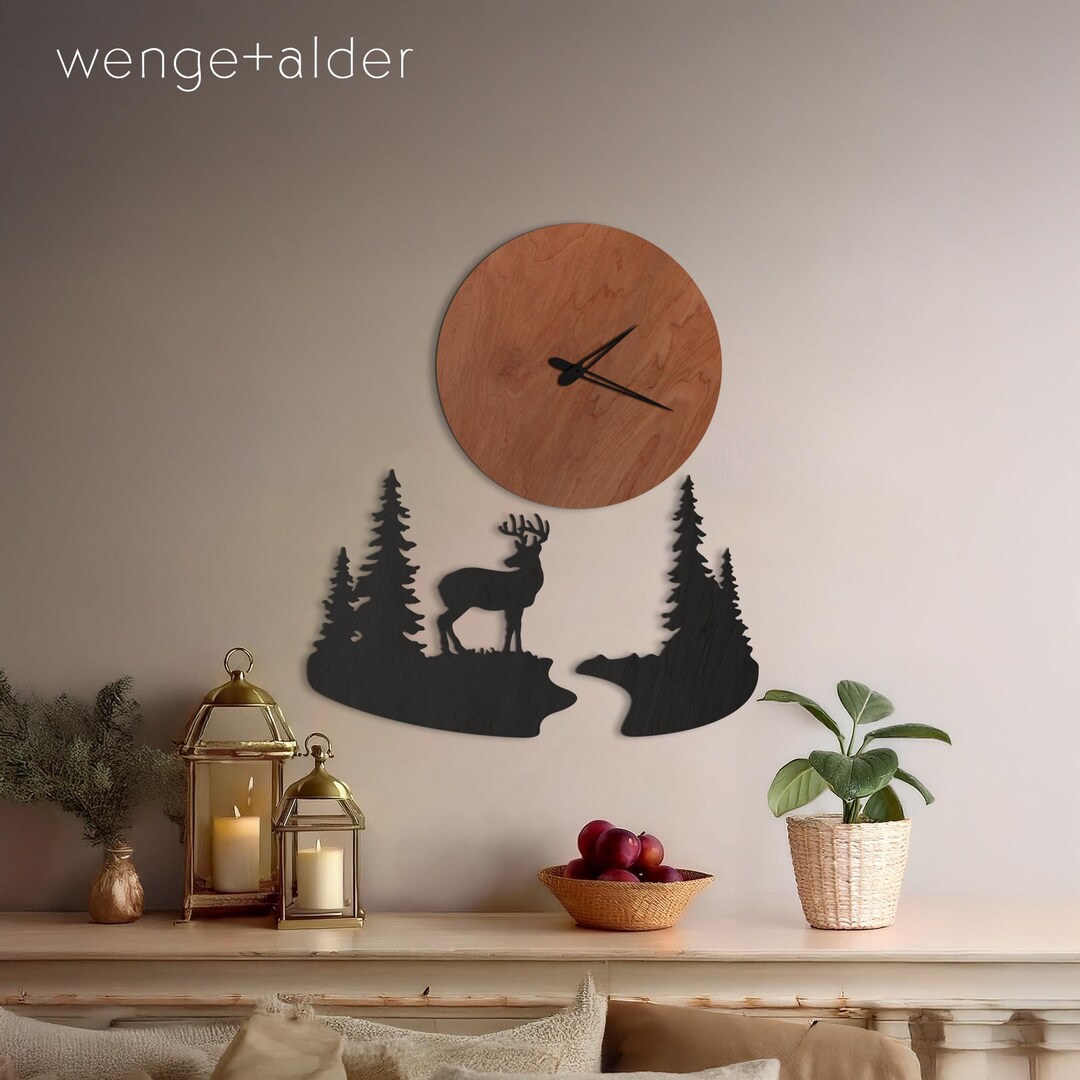 Forest Wall Clock, Wooden Wall Clock Oversized, Deer Wall Clock, Nature ...