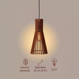 May include: A pendant light fixture made of natural plywood. The fixture has a cylindrical top and a flared, open bottom, with vertical wooden slats. The diameter is 5.9 inches. An E27 bulb is visible inside.