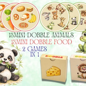 May include: A children's game set featuring two games in one: 13 Mini Dobble Animals and 13 Mini Dobble Food. The image shows illustrated cards with animals and food items, along with two game boxes. A panda and a frog are also shown.