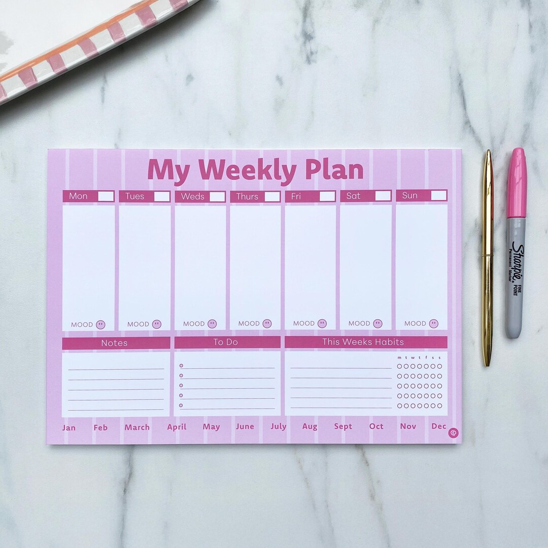 A4 Weekly Planner Pad | Pink Stripe Design | Weekly Notepad | Habit ...
