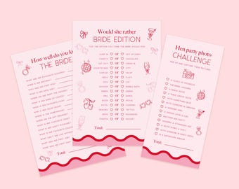 Puede incluir: Tres tarjetas rosas para juegos de despedida de soltera con texto e ilustraciones en rojo. Las tarjetas incluyen "How well do you know the bride?", "Would she rather Bride Edition" y "Hen party photo challenge".