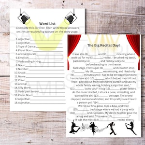 May include: Two printable worksheets with a dance recital theme. One worksheet is a word list with blanks to fill in, and the other is a story with blanks. The text includes the words "recital" and "backstage". The image has a light wood background.