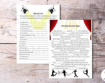 Dance Recital Fill-in-the-Blank Story Game | Funny Recital Activity Printable | Dance Studio Party Game | Recital Week Fun for Kids PDF