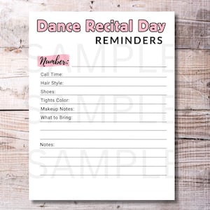 Carte de rappel de la journée des récitals de danse - Feuille de notes imprimable pour récitals de danse pour danseurs et artistes interprètes ou exécutants Liste de colisage fournitures Téléchargement instantané PDF