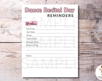 Dance Recital Day Reminder Card – Printable Dance Recital Notes Sheet for Dancers and Performers Packing List Supplies Instant Download PDF