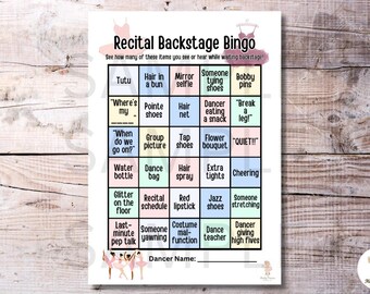Dance Recital Backstage Bingo Printable | Funny Recital Day Activity Kids Teens Students | Dance Studio Game | Instant Download for Dancers