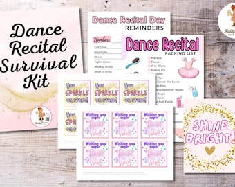 Dance Recital Survival Kit Printable – Packing List Checklist, Reminder Card, Gift Tags, and Shine Bright Sign Studio Instant Download PDF