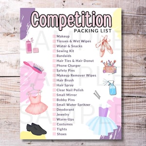 Puede incluir: Una lista de verificación rosa y morada titulada "Lista de empaque para la competencia" con una lista de artículos para empacar para una competencia de baile. La lista incluye artículos como maquillaje, cintas para el cabello, alfileres de seguridad y zapatos.