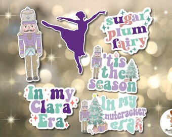 Lot de 6 autocollants de danse classique Casse-Noisette | ère Casse-noisette fée prune | Cadeaux de danse des Fêtes | Autocollants imperméables en vinyle | Ensemble de bas de Noël