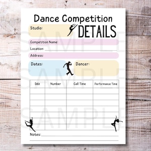 Könnte beinhalten: Eine druckbare Checkliste für die Details eines Tanzwettbewerbs mit Abschnitten für Studio, Wettbewerbsname, Ort, Adresse, Daten, Tänzer, Datum, Nummer, Anrufzeit, Aufführungszeit und Notizen.