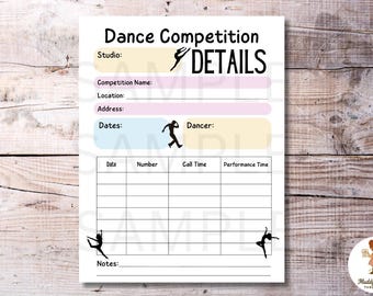 Dance Competition Details Info Printable Planner, Performance Schedule Tracker Dancers, PDF Organizer Dance Teachers Studio Instant Download