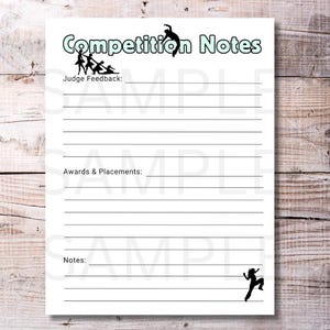 Scheda promemoria per il giorno della gara - Foglio di note stampabile per il saggio di danza per ballerini e artisti. Elenco dei materiali necessari per il bagaglio. Download immediato in formato PDF.