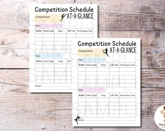 Competition Schedule At-a-Glance Printable – Dance Routine Planner for Call Times & Songs Instant Download PDF Studio Dance Teachers Sheet