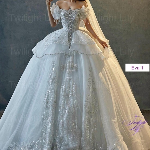 Eva beaded off the shoulder drop sleeves sparkly white ballgown wedding dress with tiered skirt and glitter tulle