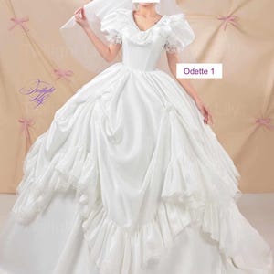 Odette vintage style white satin ballgown wedding dress with tiered skirt