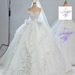 Desira off the shoulder white satin ballgown wedding dress with floral lace or 3D flowers