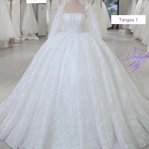 Tangoa straight neck white long sleeves ballgown wedding dress with lace and bow at back